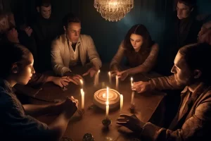 a communication with the dead is occurring at a table with a circle of people