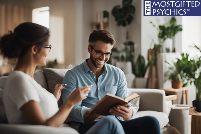 a happy couple stting in their living room