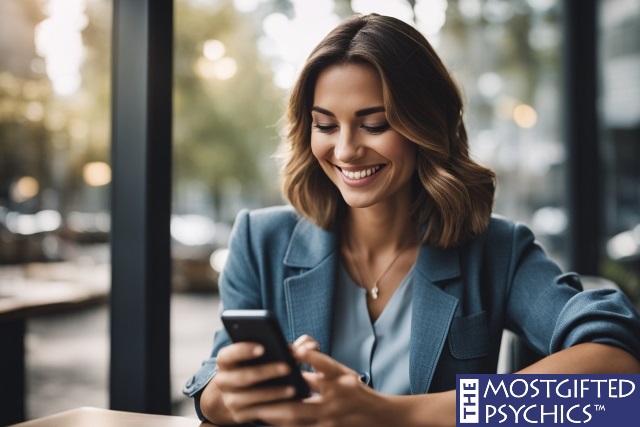 a woman excited about a text message from a man she recently dated