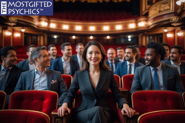 a woman with her male friends in a theatre