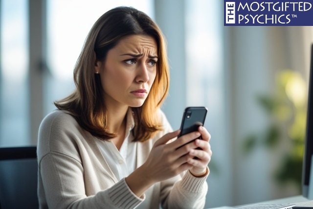 a frustrated mid-aged woman looking at her phone 
