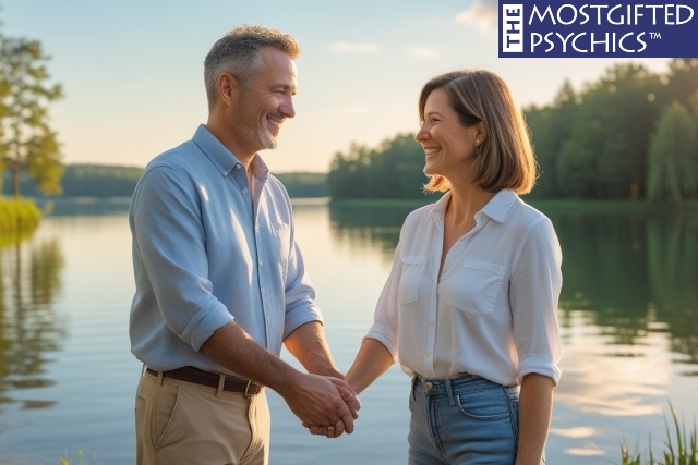 middle aged lady talking to her huband while holding his hand