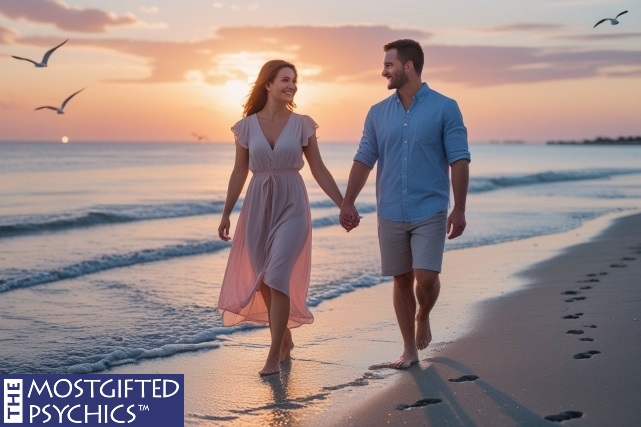 a man and a woman walking on the beach