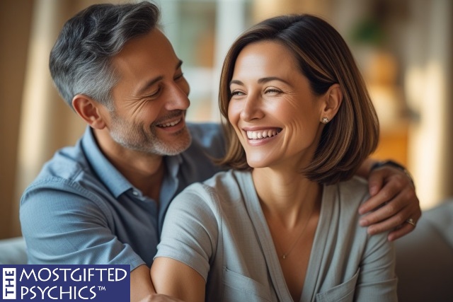 woman smiling as a man touches her arm