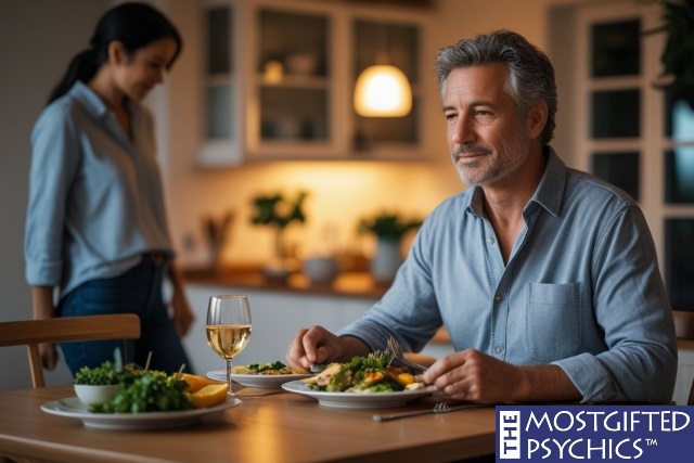 A woman who is sitting quietly while her husband is enjoying a dish and a glass of wine