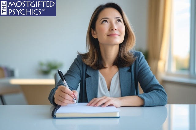 a woman holding a pan and looking at a blank piece of paper