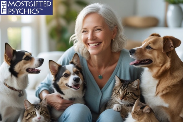 a happy middle aged lady surounded by her beloved pets