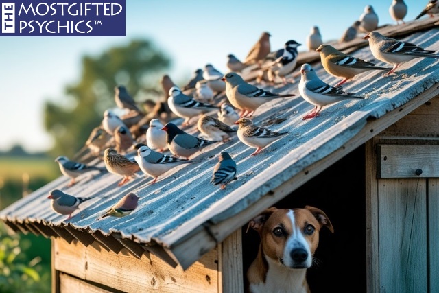 birds gathering on the roof of a shed where a dog is hiding