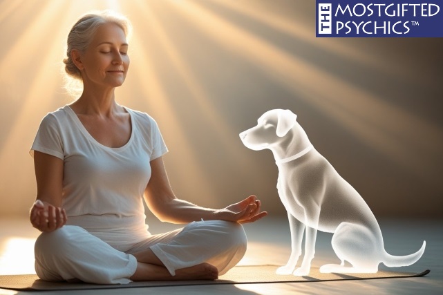 a mid-aged woman meditating in attemt to communicate with her deceased dog