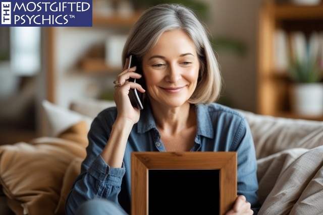 a woman talking to a pet psychic on the phone